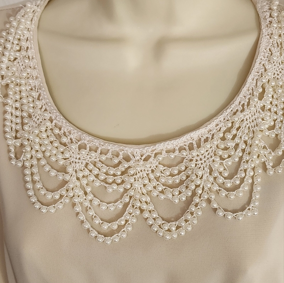 Ing Dress Sheer Overlay And Faux Pearl Strands Collar Long Sleeve Cream Size L - Picture 2 of 15